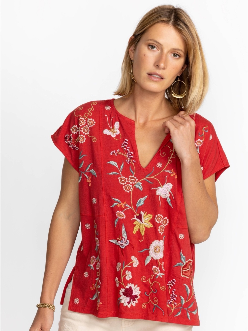 Johnny Was Suki Easy Paneled Tee Small Red Floral Embroidered Top Sleeveless